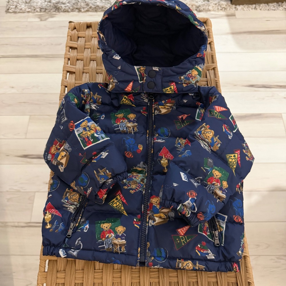 Polo Ralph Lauren Boys Navy Polo Academy Bear Print Hooded Puffer Jacket 24M